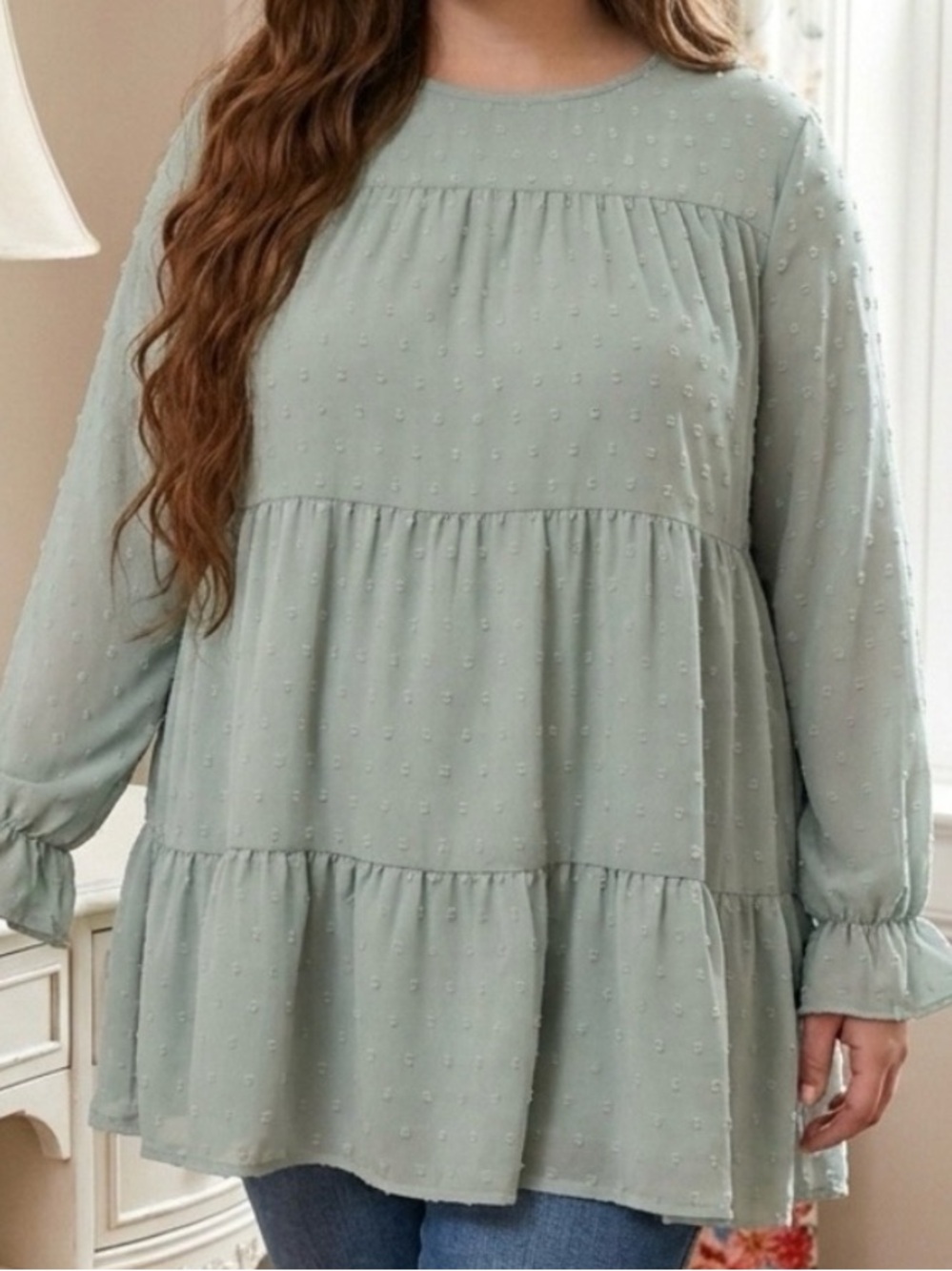 Sage Green Tiered Swiss Dot Blouse 🌿